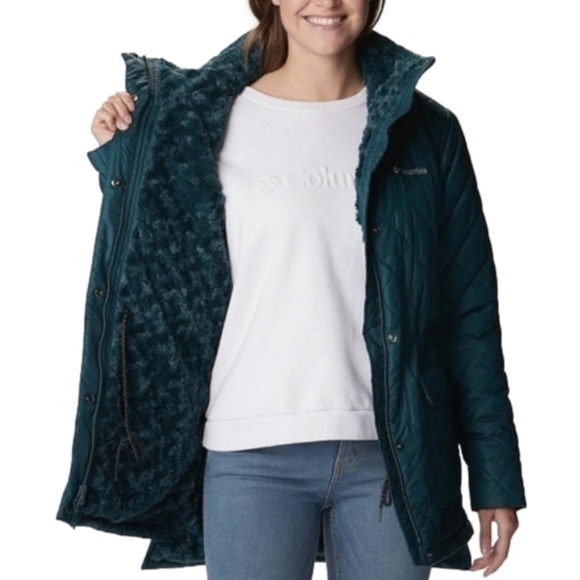 Columbia Women's Quilted Water Resistant Teal Emerald Green Jacket Faux Fur Sz S - Picture 1 of 12